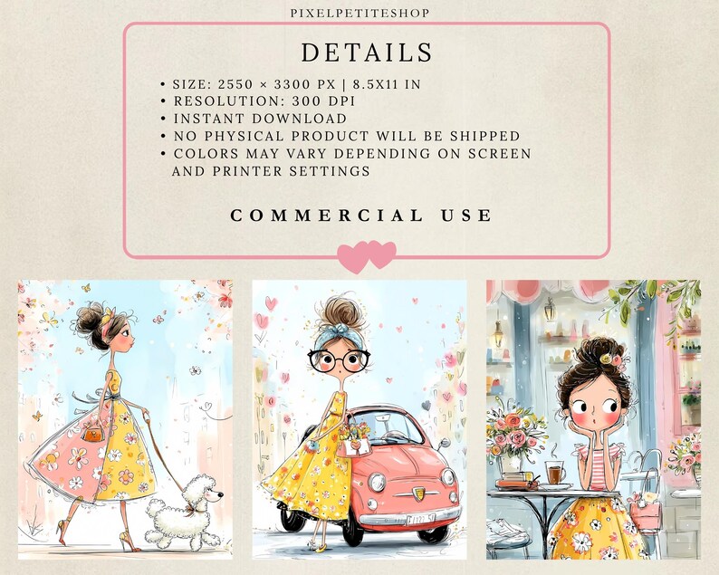 May include: A digital art set featuring three illustrations of a person in a yellow floral dress. Text includes PIXELPETITESHOP, DETAILS, SIZE: 2550 X 3300 PX | 8.5X11 IN, RESOLUTION: 300 DPI, INSTANT DOWNLOAD, NO PHYSICAL PRODUCT, and COMMERCIAL USE.