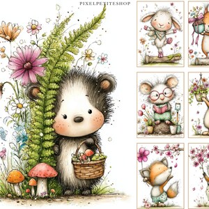 May include: Watercolor illustrations of woodland creatures, including a hedgehog, bunny, squirrel, mouse, and fox, surrounded by flowers and mushrooms. The hedgehog holds a basket of mushrooms. The text "PIXELPETITESHOP" is at the top.