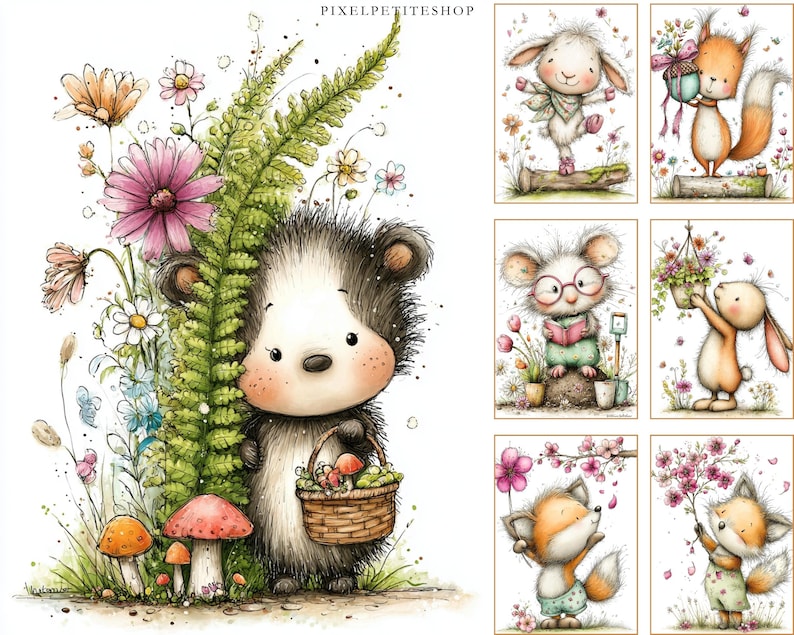 May include: Watercolor illustrations of woodland creatures, including a hedgehog, bunny, squirrel, mouse, and fox, surrounded by flowers and mushrooms. The hedgehog holds a basket of mushrooms. The text "PIXELPETITESHOP" is at the top.