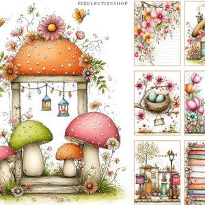 May include: Watercolor illustrations featuring whimsical mushrooms, flowers, and a fairy-tale cottage. The artwork includes an orange mushroom with white spots, a green mushroom, and a pink mushroom. The images are adorned with floral arrangements and butterflies, creating a charming, storybook aesthetic.
