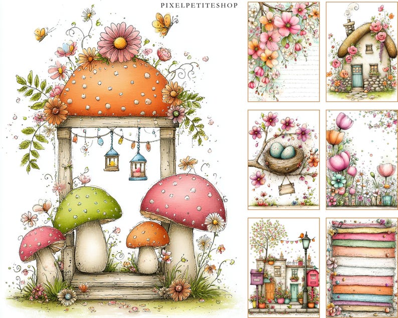 May include: Watercolor illustrations featuring whimsical mushrooms, flowers, and a fairy-tale cottage. The artwork includes an orange mushroom with white spots, a green mushroom, and a pink mushroom. The images are adorned with floral arrangements and butterflies, creating a charming, storybook aesthetic.