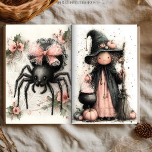 May include: An open book featuring illustrations of a black spider with a pink lace bow on the left page and a character wearing a black witch hat and cloak holding a broom and a cauldron on the right page, with the text PIXELPETITESHOP at the top.