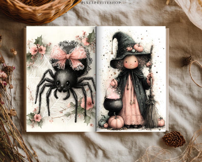 May include: An open book featuring illustrations of a black spider with a pink lace bow on the left page and a character wearing a black witch hat and cloak holding a broom and a cauldron on the right page, with the text PIXELPETITESHOP at the top.