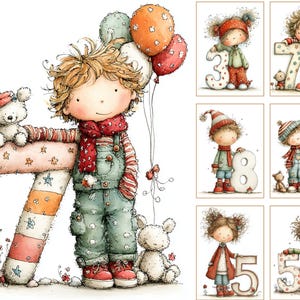 Pu&ograve; includere: Illustrazione ad acquerello di un bambino con palloncini e il numero 7. Il bambino indossa una tuta, una sciarpa rossa e scarpe rosse. L'immagine include orsacchiotti e altre illustrazioni con i numeri 3, 7, 8 e 5.