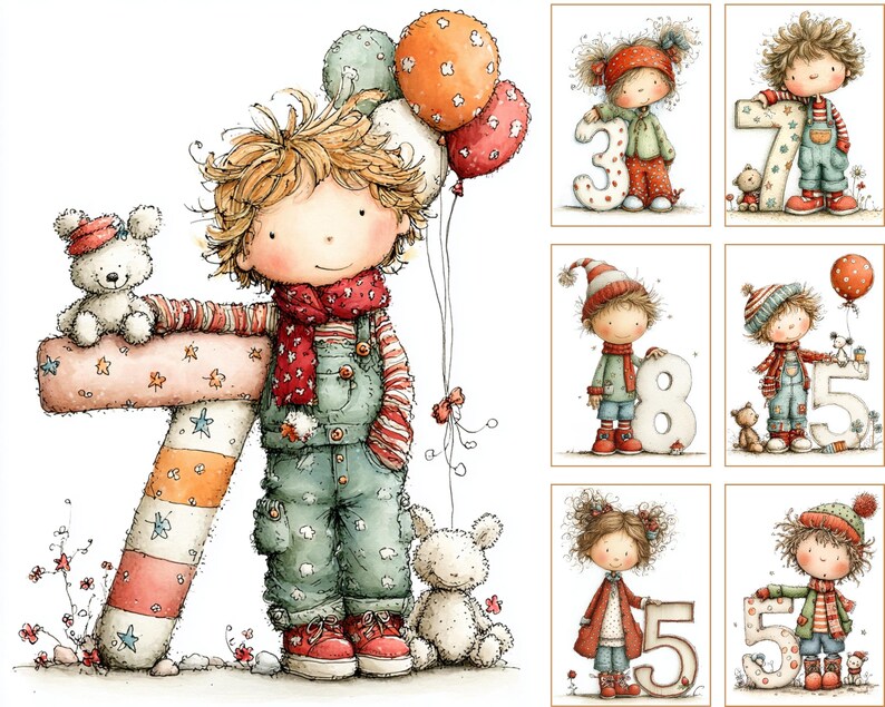 Pu&ograve; includere: Illustrazione ad acquerello di un bambino con palloncini e il numero 7. Il bambino indossa una tuta, una sciarpa rossa e scarpe rosse. L'immagine include orsacchiotti e altre illustrazioni con i numeri 3, 7, 8 e 5.