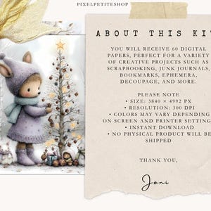 Puede incluir: Un kit de arte digital con una ilustraci&oacute;n caprichosa de un ni&ntilde;o con ropa de invierno, decorando un &aacute;rbol de Navidad. La imagen incluye el texto "ABOUT THIS KIT" y detalles sobre los papeles digitales, incluido el tama&ntilde;o y la resoluci&oacute;n.
