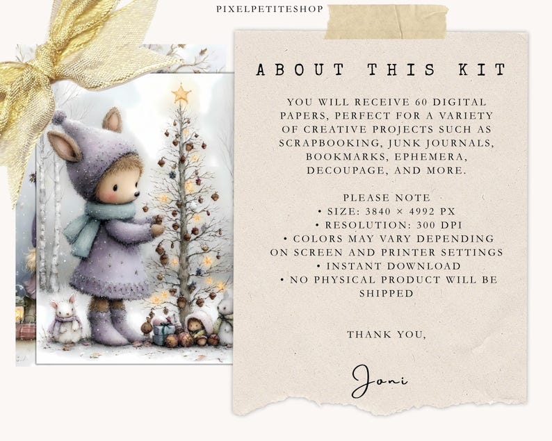 Puede incluir: Un kit de arte digital con una ilustraci&oacute;n caprichosa de un ni&ntilde;o con ropa de invierno, decorando un &aacute;rbol de Navidad. La imagen incluye el texto "ABOUT THIS KIT" y detalles sobre los papeles digitales, incluido el tama&ntilde;o y la resoluci&oacute;n.
