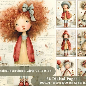 Può includere: Una collezione di arte digitale con illustrazioni fantasiose di ragazze. L'immagine principale mostra una ragazza con capelli rossi ricci, un fiocco e un cappotto rosso. La collezione include 66 pagine digitali, 300 DPI e dimensioni di 21,59 x 27,94 cm.
