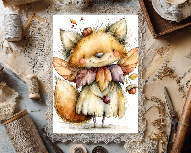 May include: A watercolor illustration of a fox character with large ears, rosy cheeks, and a bushy tail. The fox wears a collar made of autumn leaves in shades of orange, brown, and purple, and holds a small acorn-like fruit on a thin string.