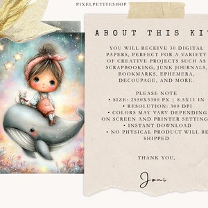 May include: Digital art print featuring a whimsical illustration of a girl with a pink headband and overalls, riding a gray whale. The image includes text that says "About This Kit" and "PixelPetiteShop". The image is 8.5x11 inches.