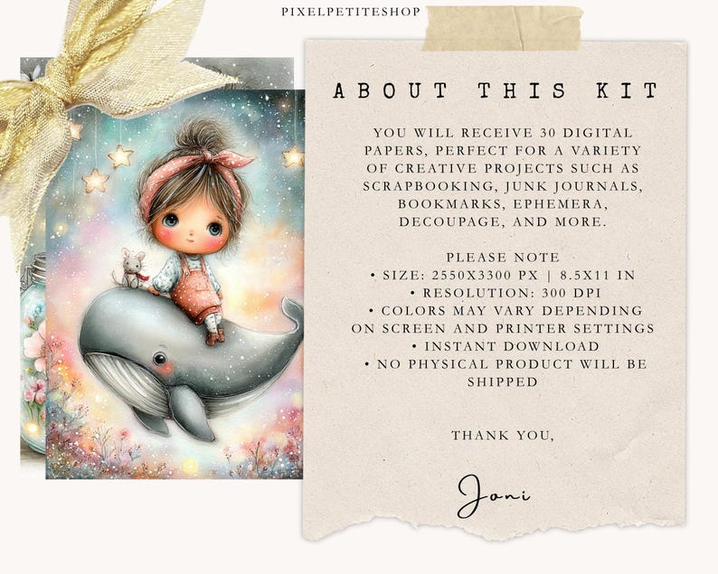 May include: Digital art print featuring a whimsical illustration of a girl with a pink headband and overalls, riding a gray whale. The image includes text that says "About This Kit" and "PixelPetiteShop". The image is 8.5x11 inches.