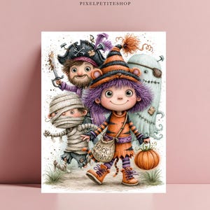 May include: A digital illustration featuring four characters in Halloween costumes: a pirate with a sword, a mummy, a ghost with an eyepatch, and a central figure in a tiger-striped hat and outfit holding a bag labeled Trick or Treat.