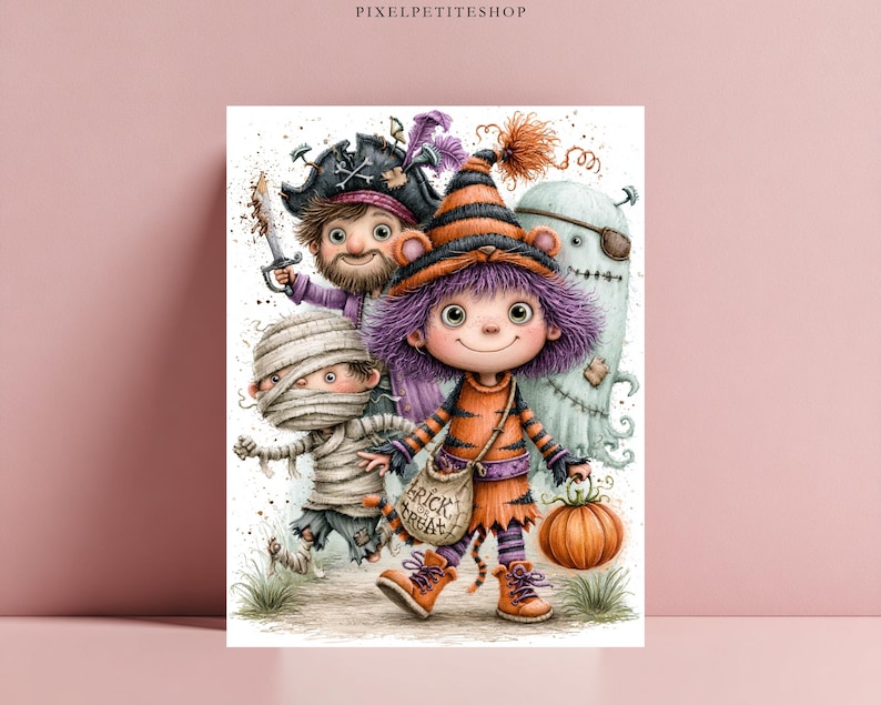 May include: A digital illustration featuring four characters in Halloween costumes: a pirate with a sword, a mummy, a ghost with an eyepatch, and a central figure in a tiger-striped hat and outfit holding a bag labeled Trick or Treat.