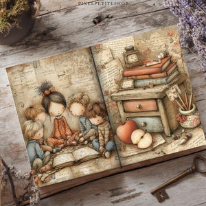 Może przedstawiać: Otwarta książka z fantazyjną ilustracją czworga dzieci siedzących wok&oacute;ł otwartej baśni. Prawa strona przedstawia drewniane biurko ze stosami książek, zegarem, słoikiem z oł&oacute;wkami i dwoma jabłkami. W pobliżu leży metalowy klucz.
