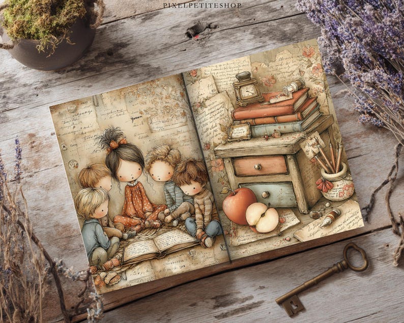 Może przedstawiać: Otwarta książka z fantazyjną ilustracją czworga dzieci siedzących wok&oacute;ł otwartej baśni. Prawa strona przedstawia drewniane biurko ze stosami książek, zegarem, słoikiem z oł&oacute;wkami i dwoma jabłkami. W pobliżu leży metalowy klucz.