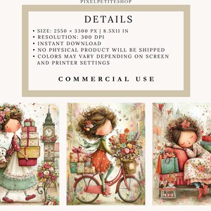 May include: Digital art prints featuring whimsical illustrations of a girl with floral hair, carrying gifts, riding a bicycle, and resting on a couch. The prints have a soft color palette and include the text "DETAILS" and "COMMERCIAL USE".