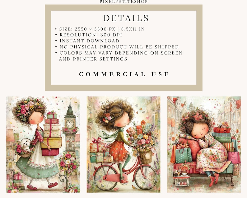 May include: Digital art prints featuring whimsical illustrations of a girl with floral hair, carrying gifts, riding a bicycle, and resting on a couch. The prints have a soft color palette and include the text "DETAILS" and "COMMERCIAL USE".