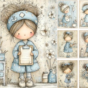 Puede incluir: Ilustraci&oacute;n en acuarela de una mu&ntilde;eca enfermera con uniforme azul claro sosteniendo un portapapeles. La imagen tiene un estilo suave y caprichoso con acentos florales e ilustraciones adicionales con tem&aacute;tica de enfermer&iacute;a.