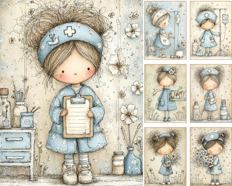 Puede incluir: Ilustraci&oacute;n en acuarela de una mu&ntilde;eca enfermera con uniforme azul claro sosteniendo un portapapeles. La imagen tiene un estilo suave y caprichoso con acentos florales e ilustraciones adicionales con tem&aacute;tica de enfermer&iacute;a.
