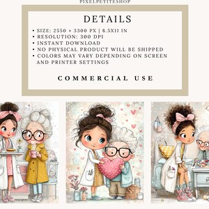 Op de afbeelding: Digitale kunstafdruk met drie illustraties van jonge vrouwen en oudere vrouwen in een medische setting. De afbeeldingen bevatten de tekst "DETAILS" en "COMMERCIAL USE". De illustraties zijn in zachte pastelkleuren.