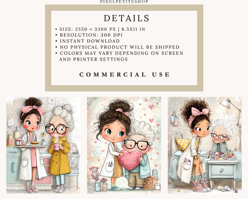 Op de afbeelding: Digitale kunstafdruk met drie illustraties van jonge vrouwen en oudere vrouwen in een medische setting. De afbeeldingen bevatten de tekst "DETAILS" en "COMMERCIAL USE". De illustraties zijn in zachte pastelkleuren.