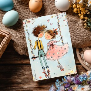 May include: A greeting card featuring an illustration of a couple on a swing, with a light blue background. The boy wears a yellow shirt and blue pants, while the girl is in a pink dress. The card is surrounded by Easter eggs and flowers.