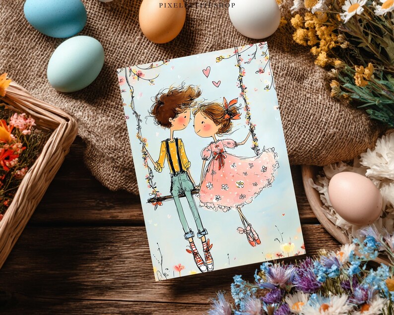 May include: A greeting card featuring an illustration of a couple on a swing, with a light blue background. The boy wears a yellow shirt and blue pants, while the girl is in a pink dress. The card is surrounded by Easter eggs and flowers.