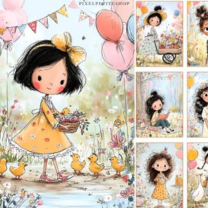 May include: A charming illustration of a girl in a yellow dress, holding a flower basket, with ducklings. Pastel balloons and flowers create a springtime scene. The image includes the text "PIXELPETITESHOP".