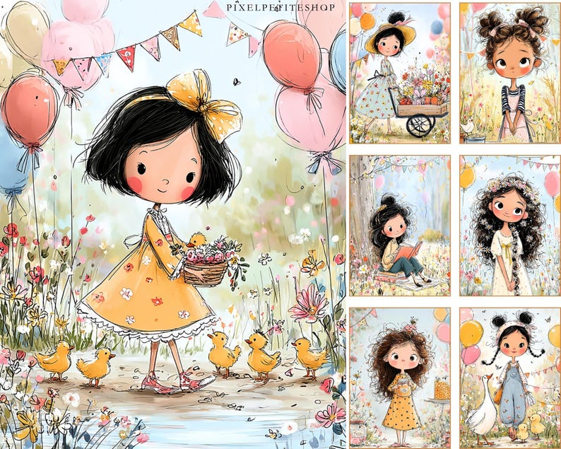 May include: A charming illustration of a girl in a yellow dress, holding a flower basket, with ducklings. Pastel balloons and flowers create a springtime scene. The image includes the text "PIXELPETITESHOP".