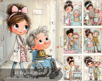 May include: Digital art featuring a young caregiver pushing an elderly person in a blue wheelchair. The caregiver wears a white coat and a pink dress. The image includes several smaller illustrations of caregivers and elderly patients. The text "37 Digital Pages" is visible.