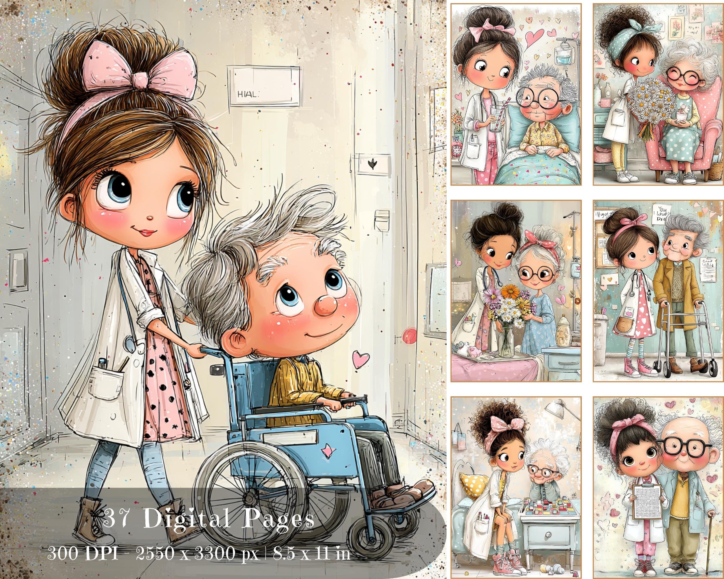 Preview of Caregiver & Elderly Journal Pages — 37 Printable Illustrations