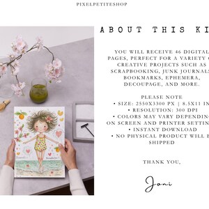 May include: A digital kit featuring 46 pages, including an illustration of a girl in a yellow swimsuit on a beach. Text includes: PIXELPETITESHOP, ABOUT THIS KIT, YOU WILL RECEIVE 46 DIGITAL PAGES, SIZE: 2550X3300 PX | 8.5X11 IN, 300 DPI, THANK YOU, Joni.