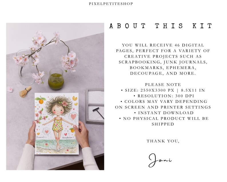 May include: A digital kit featuring 46 pages, including an illustration of a girl in a yellow swimsuit on a beach. Text includes: PIXELPETITESHOP, ABOUT THIS KIT, YOU WILL RECEIVE 46 DIGITAL PAGES, SIZE: 2550X3300 PX | 8.5X11 IN, 300 DPI, THANK YOU, Joni.