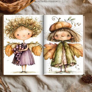 May include: An open book displaying two watercolor illustrations of whimsical fairy-like characters. The left page shows a figure with curly hair wearing a purple dress and holding grapes. The right page features a character in a green coat and acorn hat.
