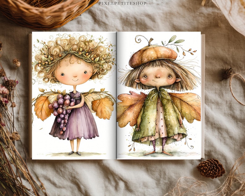 May include: An open book displaying two watercolor illustrations of whimsical fairy-like characters. The left page shows a figure with curly hair wearing a purple dress and holding grapes. The right page features a character in a green coat and acorn hat.