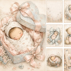May include: A collection of digital illustrations featuring a sleeping infant swaddled in a floral blanket inside a heart-shaped gift box with a large pink ribbon, alongside six smaller panels depicting infants with angels, teddy bears, and flowers.