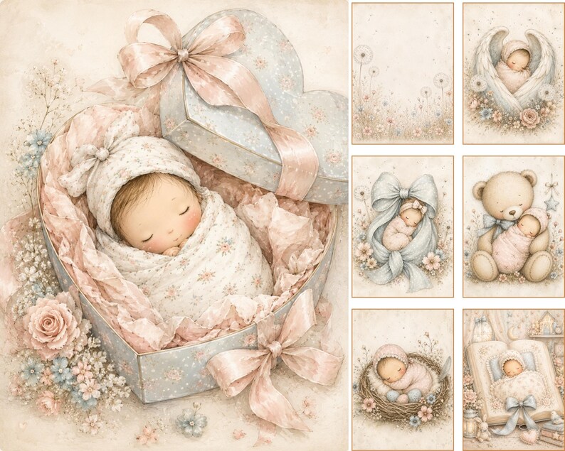 May include: A collection of digital illustrations featuring a sleeping infant swaddled in a floral blanket inside a heart-shaped gift box with a large pink ribbon, alongside six smaller panels depicting infants with angels, teddy bears, and flowers.