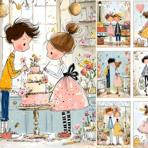 May include: A whimsical illustration depicts a couple decorating a tiered cake with flowers. The scene is set in a kitchen with a light blue counter and various kitchen utensils. Additional panels show couples in romantic settings, suggesting a theme of love and celebration.