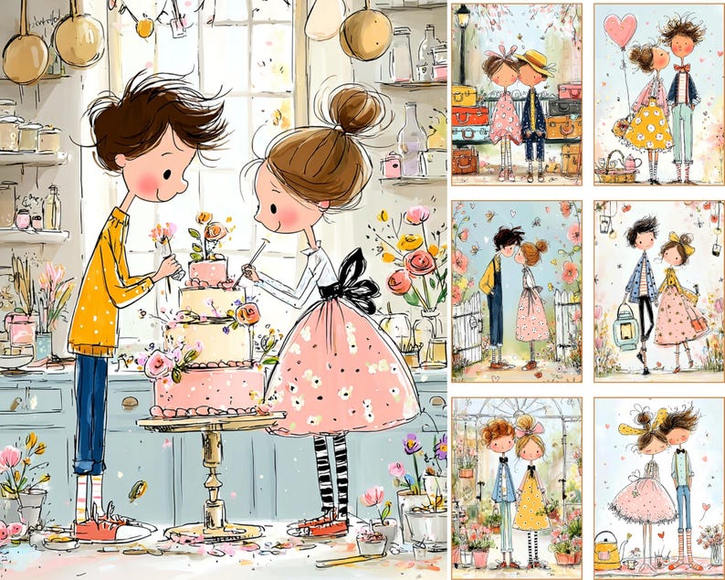 May include: A whimsical illustration depicts a couple decorating a tiered cake with flowers. The scene is set in a kitchen with a light blue counter and various kitchen utensils. Additional panels show couples in romantic settings, suggesting a theme of love and celebration.