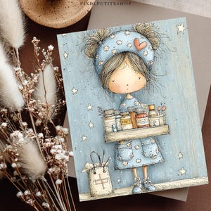 Puede incluir: Ilustraci&oacute;n de una ni&ntilde;a con vestido y gorro azules, sosteniendo una bandeja con botellas. El fondo es azul claro con estrellas. Tambi&eacute;n se ve una peque&ntilde;a bolsa. El texto "PIXILPETITESHOP" est&aacute; en la parte superior.