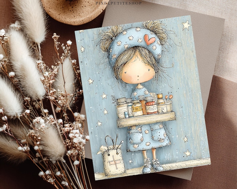 Puede incluir: Ilustraci&oacute;n de una ni&ntilde;a con vestido y gorro azules, sosteniendo una bandeja con botellas. El fondo es azul claro con estrellas. Tambi&eacute;n se ve una peque&ntilde;a bolsa. El texto "PIXILPETITESHOP" est&aacute; en la parte superior.