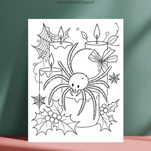 May include: A black and white line art coloring page featuring a central spider sitting atop a candle, surrounded by additional candles, spiderwebs, holly leaves, and berries. The text PIXELPETITESHOP is printed at the top of the page.