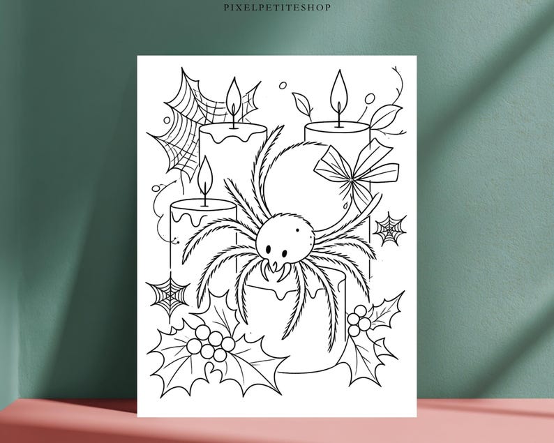 May include: A black and white line art coloring page featuring a central spider sitting atop a candle, surrounded by additional candles, spiderwebs, holly leaves, and berries. The text PIXELPETITESHOP is printed at the top of the page.