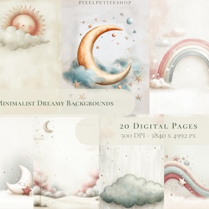 Puede incluir: Ilustraciones de acuarela de fondos soñadores con un sol sonriente, una luna creciente, un arcoíris, nubes y estrellas. También se ve el texto "MINIMALIST DREAMY BACKGROUNDS" y "20 DIGITAL PAGES".