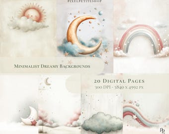 May include: Watercolor illustrations of dreamy backgrounds featuring a smiling sun, crescent moon, rainbow, clouds, and stars. The text "MINIMALIST DREAMY BACKGROUNDS" and "20 DIGITAL PAGES" are also visible.