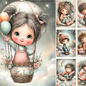 May include: A collection of whimsical illustrations featuring adorable cartoon children. One image shows a girl in a hot air balloon with balloons. Other images depict children in dreamlike settings, reading, playing, and sleeping. Soft pastel colors and a dreamy aesthetic.
