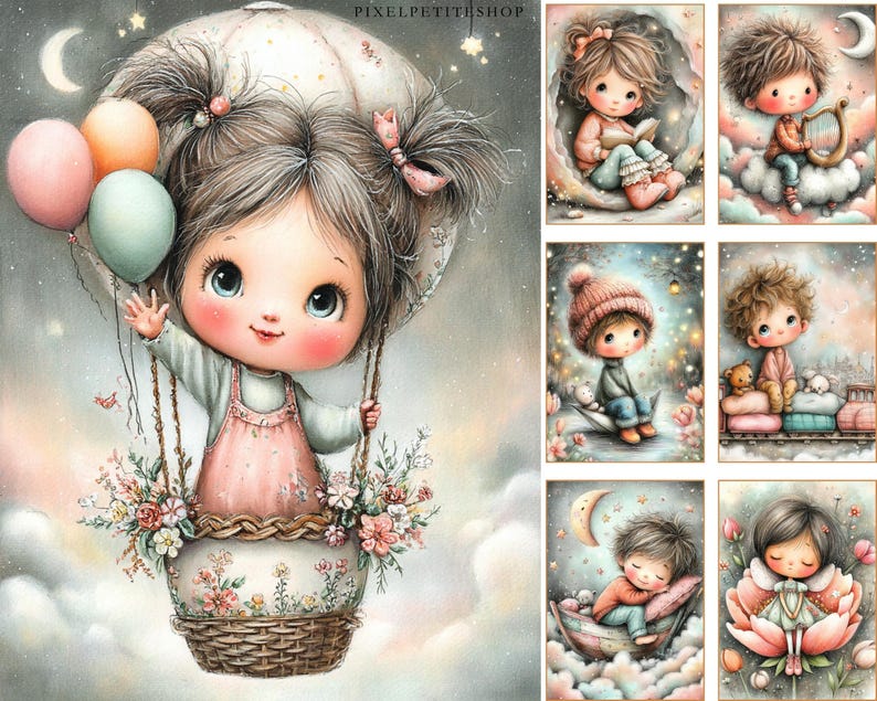 May include: A collection of whimsical illustrations featuring adorable cartoon children. One image shows a girl in a hot air balloon with balloons. Other images depict children in dreamlike settings, reading, playing, and sleeping. Soft pastel colors and a dreamy aesthetic.