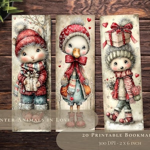May include: Set of three printable bookmarks featuring adorable winter animals. Each bookmark showcases a different animal: a mouse, a duck, and a hedgehog, all dressed in winter attire. The bookmarks are 2 x 6 inches.