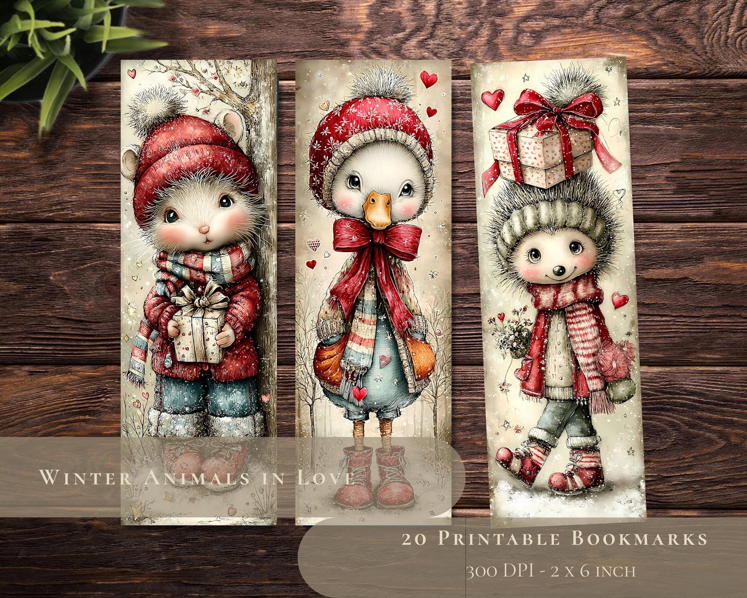 Preview of Winter Animals in Love Bookmarks — 20 Printable Designs