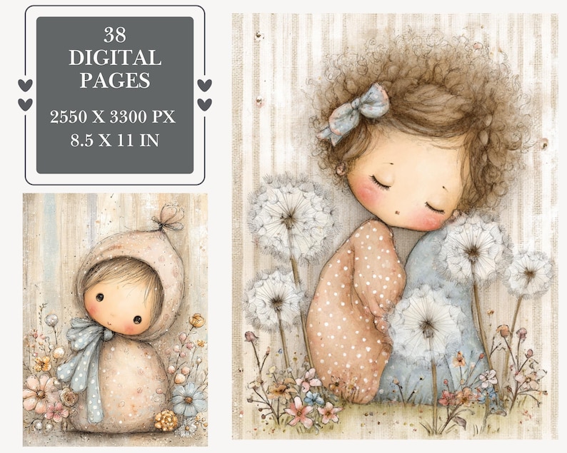 Whimsical Baby Girl Junk Journal Kit, Floral Scrapbook Pages (Digital Download) image 1